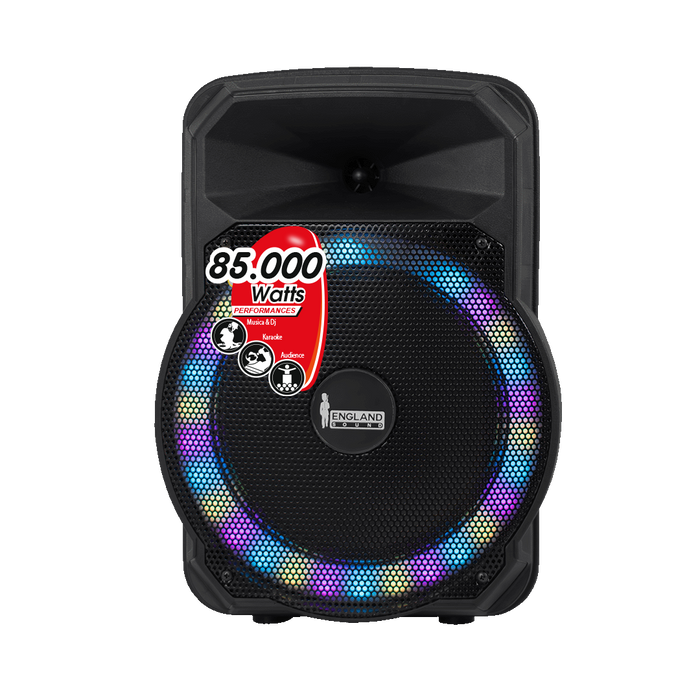 CAJA AMPLIFICADA CON BATERIA 10 PULG., 85.000W PMOP, REPRODUCTOR ANALOGICO DIGITAL, ENTRADA MIC 1/4, 3.5MM , EFECTO ECO, BASS & TREBLE, LUZ LED RGB, INCLUYE UN MICROFONO