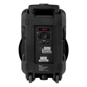 CAJA AMPLIFICADA CON BATERIA 10 PULG., 85.000W PMOP, REPRODUCTOR ANALOGICO DIGITAL, ENTRADA MIC 1/4, 3.5MM , EFECTO ECO, BASS & TREBLE, LUZ LED RGB, INCLUYE UN MICROFONO