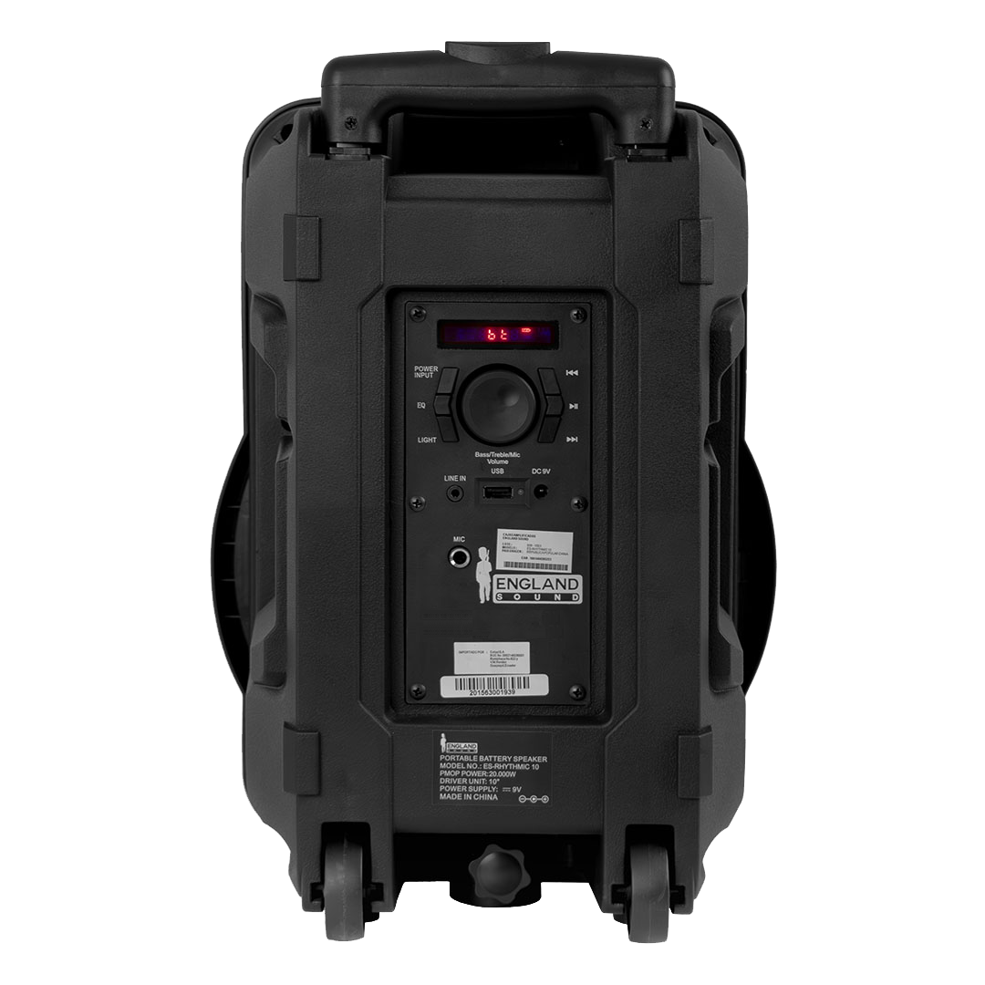 CAJA AMPLIFICADA CON BATERIA 10 PULG., 85.000W PMOP, REPRODUCTOR ANALOGICO DIGITAL, ENTRADA MIC 1/4, 3.5MM , EFECTO ECO, BASS & TREBLE, LUZ LED RGB, INCLUYE UN MICROFONO
