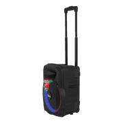 CAJA AMPLIFICADA CON BATERIA 10 PULG., 85.000W PMOP, REPRODUCTOR ANALOGICO DIGITAL, ENTRADA MIC 1/4, 3.5MM , EFECTO ECO, BASS & TREBLE, LUZ LED RGB, INCLUYE UN MICROFONO