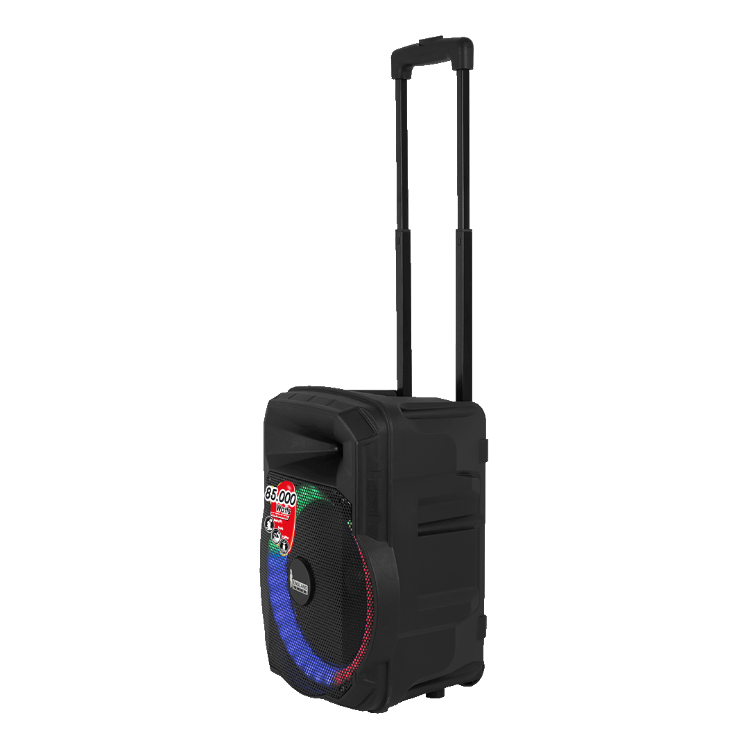 CAJA AMPLIFICADA CON BATERIA 10 PULG., 85.000W PMOP, REPRODUCTOR ANALOGICO DIGITAL, ENTRADA MIC 1/4, 3.5MM , EFECTO ECO, BASS & TREBLE, LUZ LED RGB, INCLUYE UN MICROFONO