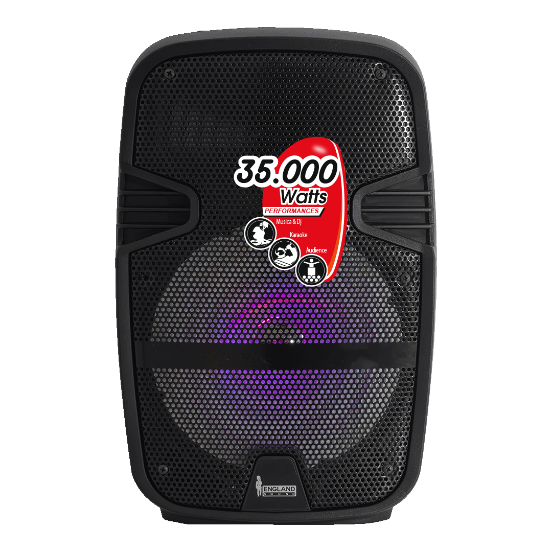 CAJA AMPLIFICADA CON BATERIA 8 PULG., 15.000W PMOP, REPRODUCTOR ANALOGICO DIGITAL, ENTRADA MIC 1/4, 3.5MM , EFECTO ECO, BASS & TREBLE, LUZ LED RGB, INCLUYE UN MICROFONO