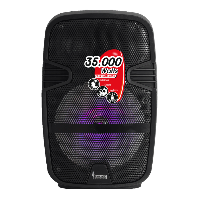 CAJA AMPLIFICADA CON BATERIA 8 PULG., 15.000W PMOP, REPRODUCTOR ANALOGICO DIGITAL, ENTRADA MIC 1/4, 3.5MM , EFECTO ECO, BASS & TREBLE, LUZ LED RGB, INCLUYE UN MICROFONO