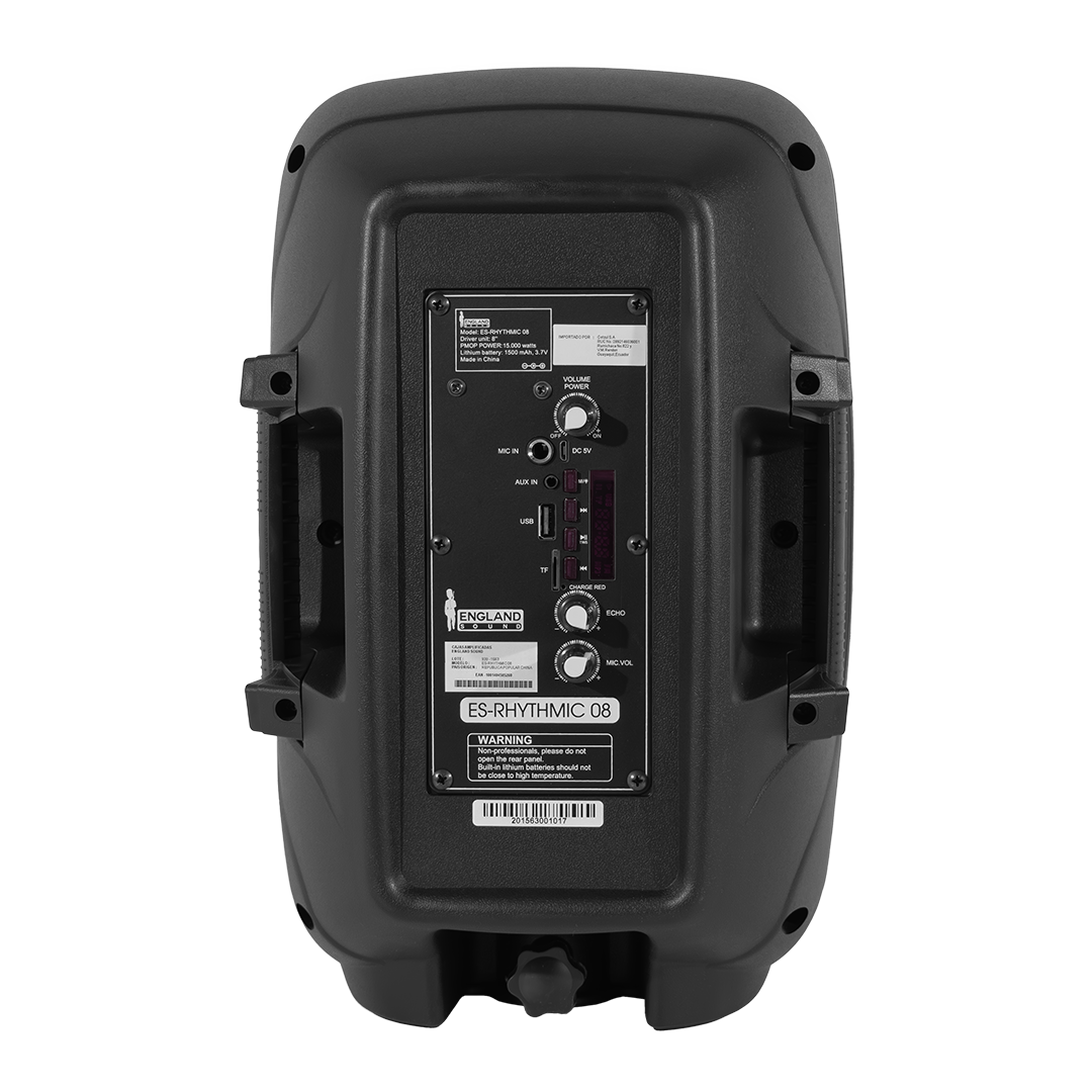 CAJA AMPLIFICADA CON BATERIA 8 PULG., 15.000W PMOP, REPRODUCTOR ANALOGICO DIGITAL, ENTRADA MIC 1/4, 3.5MM , EFECTO ECO, BASS & TREBLE, LUZ LED RGB, INCLUYE UN MICROFONO