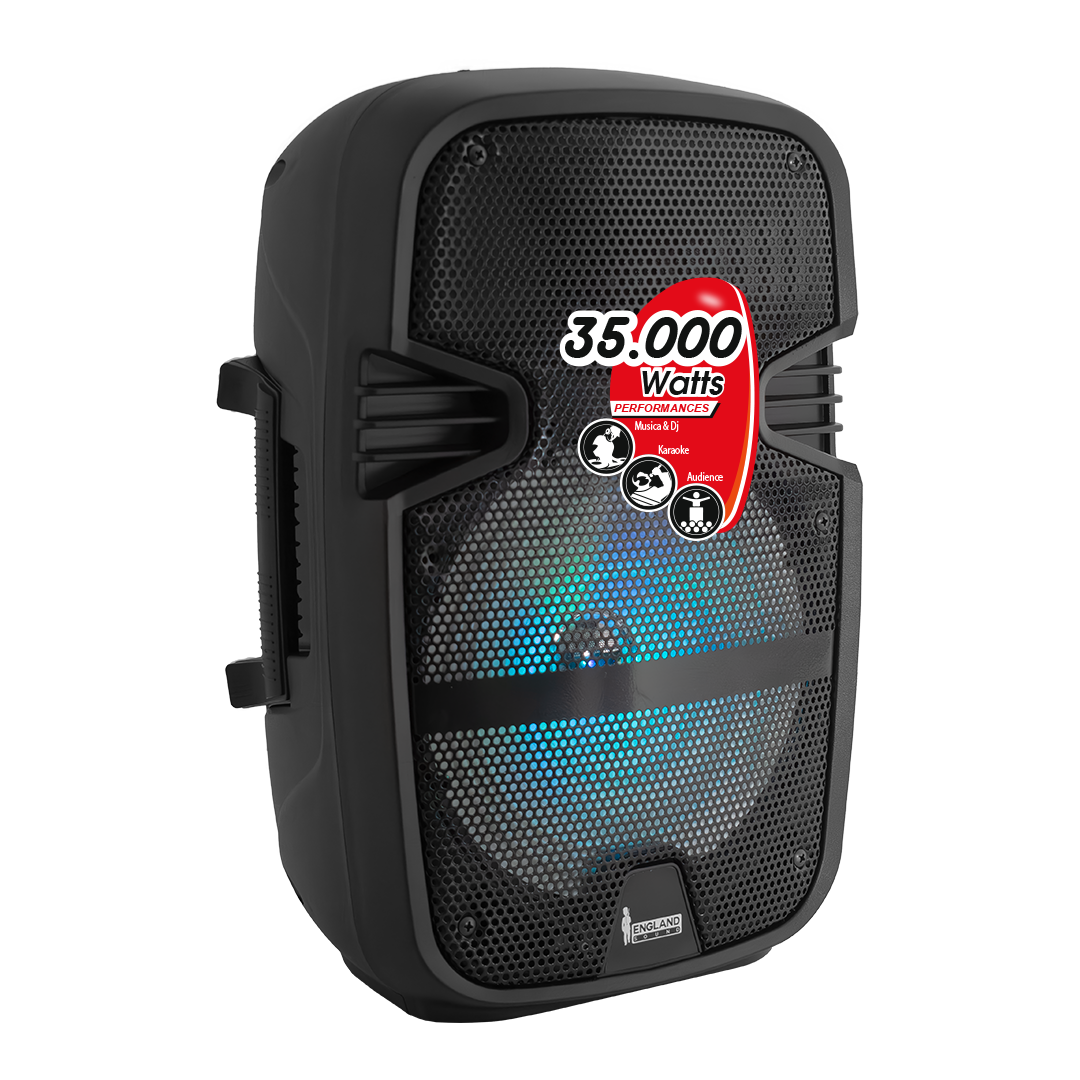 CAJA AMPLIFICADA CON BATERIA 8 PULG., 15.000W PMOP, REPRODUCTOR ANALOGICO DIGITAL, ENTRADA MIC 1/4, 3.5MM , EFECTO ECO, BASS & TREBLE, LUZ LED RGB, INCLUYE UN MICROFONO