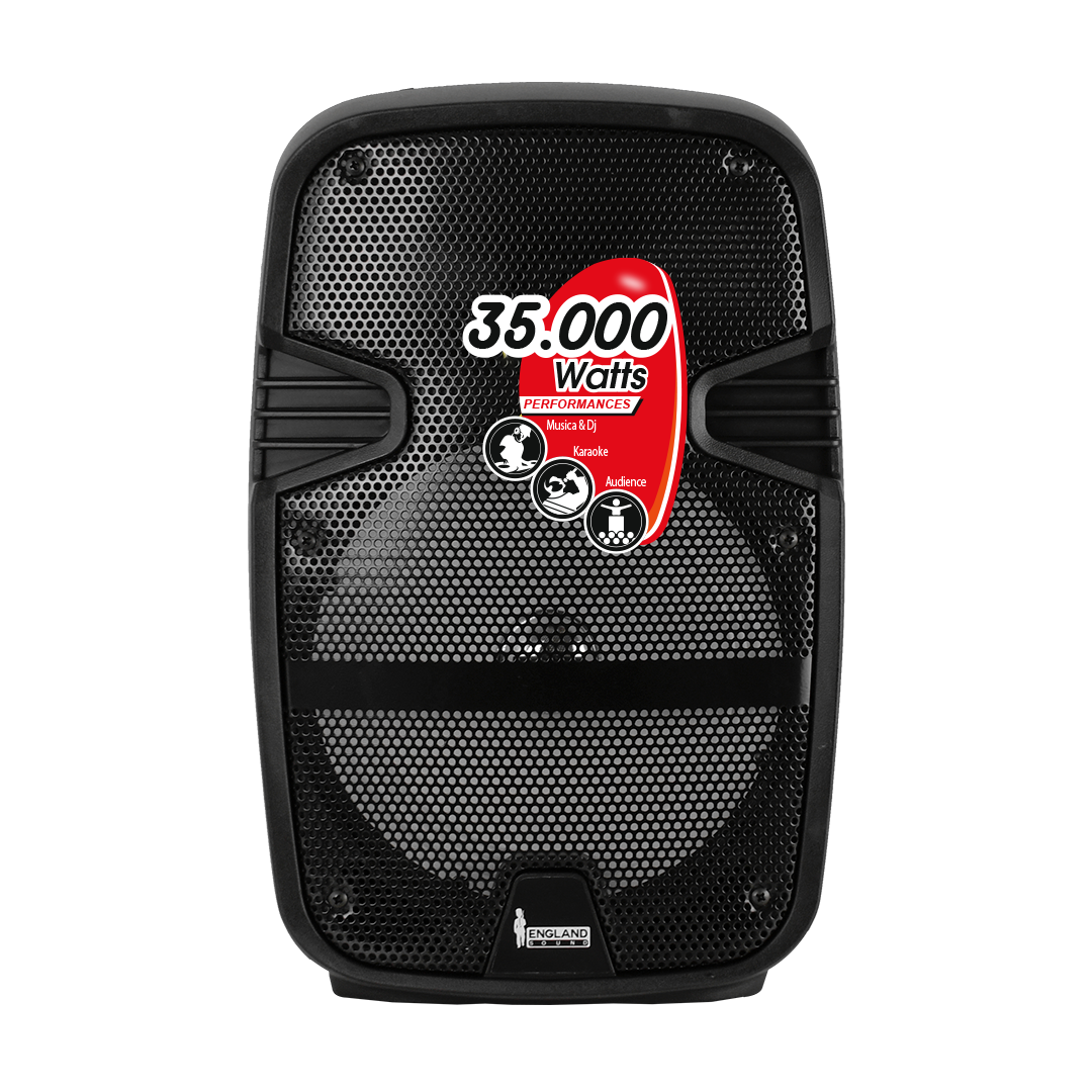 CAJA AMPLIFICADA CON BATERIA 8 PULG., 15.000W PMOP, REPRODUCTOR ANALOGICO DIGITAL, ENTRADA MIC 1/4, 3.5MM , EFECTO ECO, BASS & TREBLE, LUZ LED RGB, INCLUYE UN MICROFONO