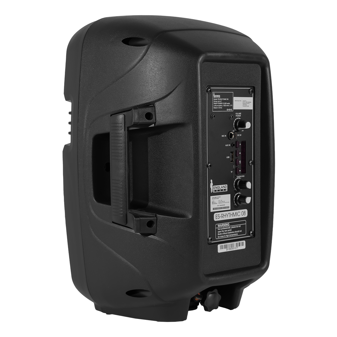 CAJA AMPLIFICADA CON BATERIA 8 PULG., 15.000W PMOP, REPRODUCTOR ANALOGICO DIGITAL, ENTRADA MIC 1/4, 3.5MM , EFECTO ECO, BASS & TREBLE, LUZ LED RGB, INCLUYE UN MICROFONO