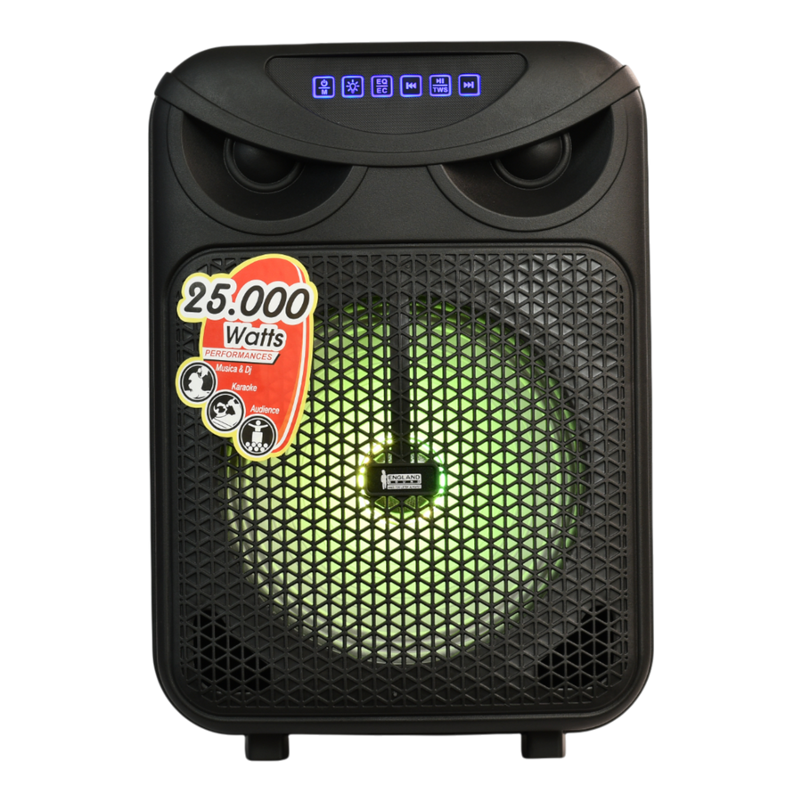 CAJA AMPLIFICADA CON BATERIA 8 PULG., 25.000W PMOP, REPRODUCTOR ANALOGICO DIGITAL, ENTRADA MIC 1/4, 3.5MM , EFECTO ECO, BASS & TREBLE, LUZ LED RGB, INCLUYE UN MICROFONO