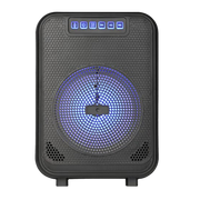 CAJA AMPLIFICADA CON BATERIA 6.5 PULG., 10.000W PMOP, REPRODUCTOR ANALOGICO DIGITAL, ENTRADA MIC 1/4, 3.5MM , EFECTO ECO, LUZ LED RGB, INCLUYE UN MICROFONO