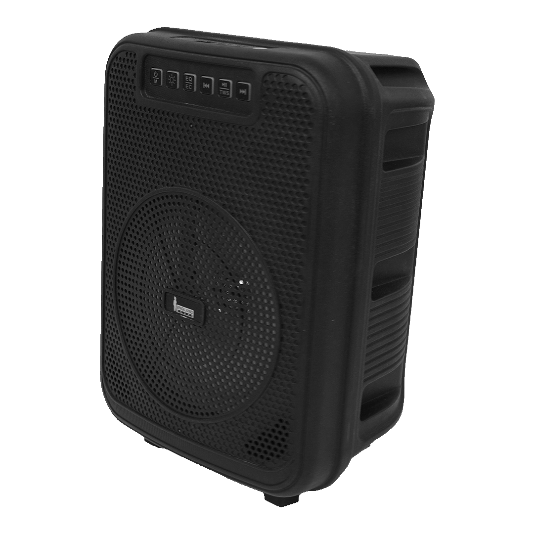 CAJA AMPLIFICADA CON BATERIA 6.5 PULG., 10.000W PMOP, REPRODUCTOR ANALOGICO DIGITAL, ENTRADA MIC 1/4, 3.5MM , EFECTO ECO, LUZ LED RGB, INCLUYE UN MICROFONO