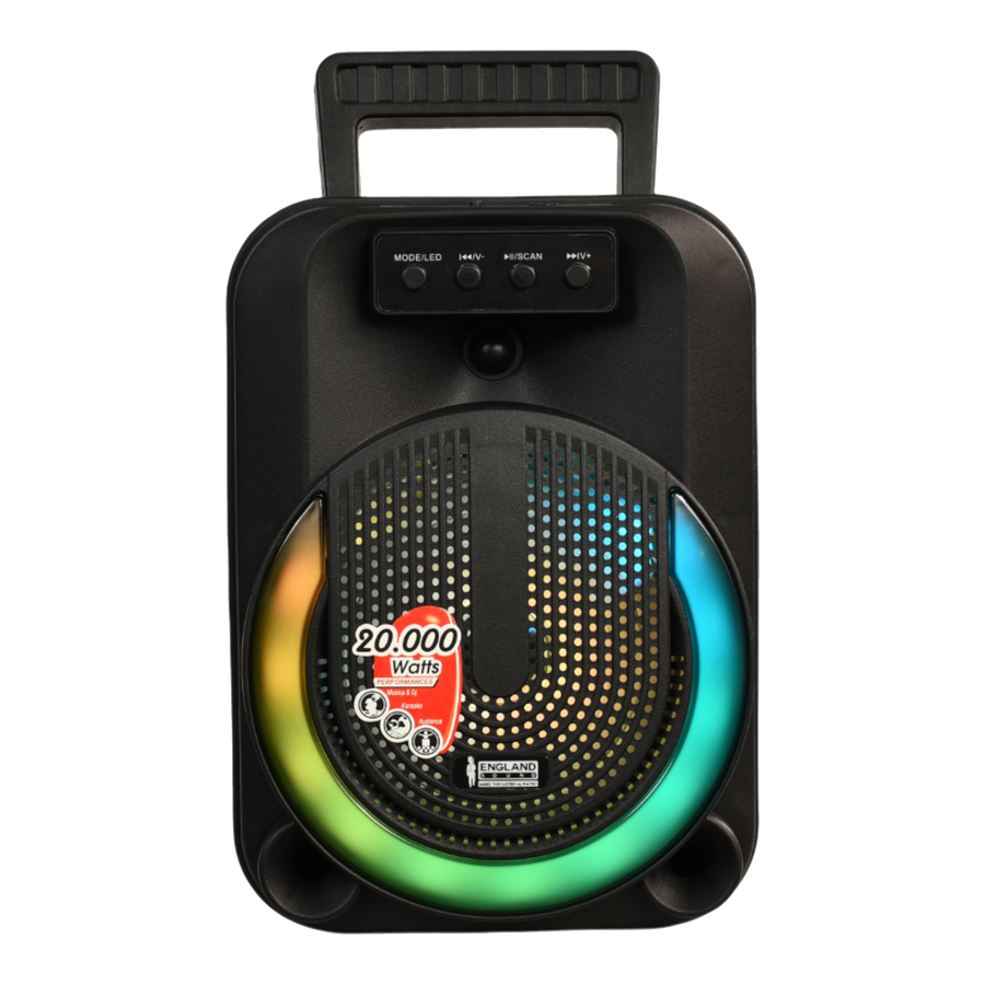 CAJA AMPLIFICADA CON BATERIA 6.5 PULG., 20.000W PMOP, REPRODUCTOR ANALOGICO DIGITAL, ENTRADA MIC 1/4, 3.5MM , EFECTO ECO, LUZ LED RGB, INCLUYE UN MICROFONO