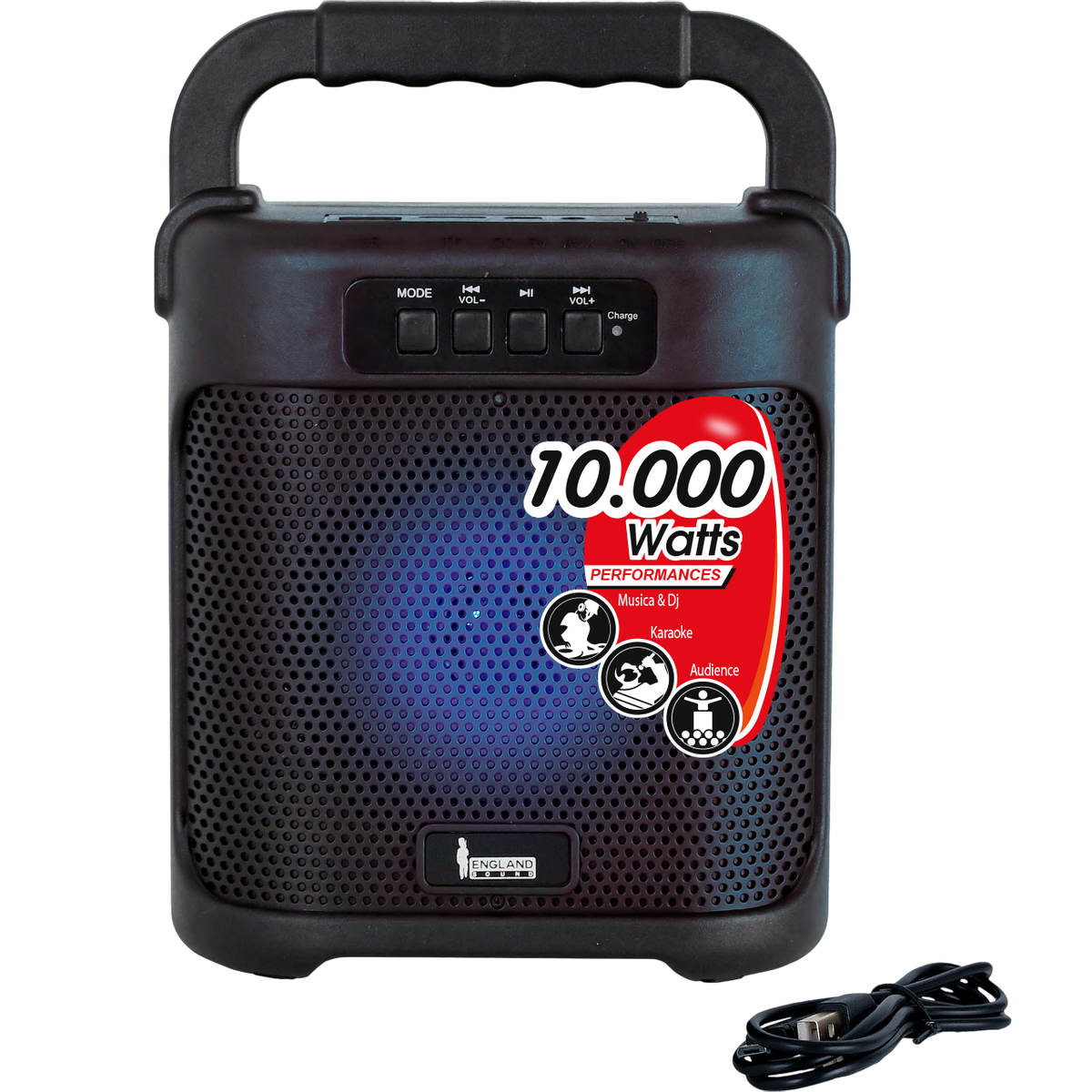 CAJA AMPLIFICADA CON BATERIA 4 PULG. CON BATERIA, REPRODUCTOR ANALOGICO DIGITAL, 10.000W PMOP, ENTRADA 3.5MM, LUZ LED RGB