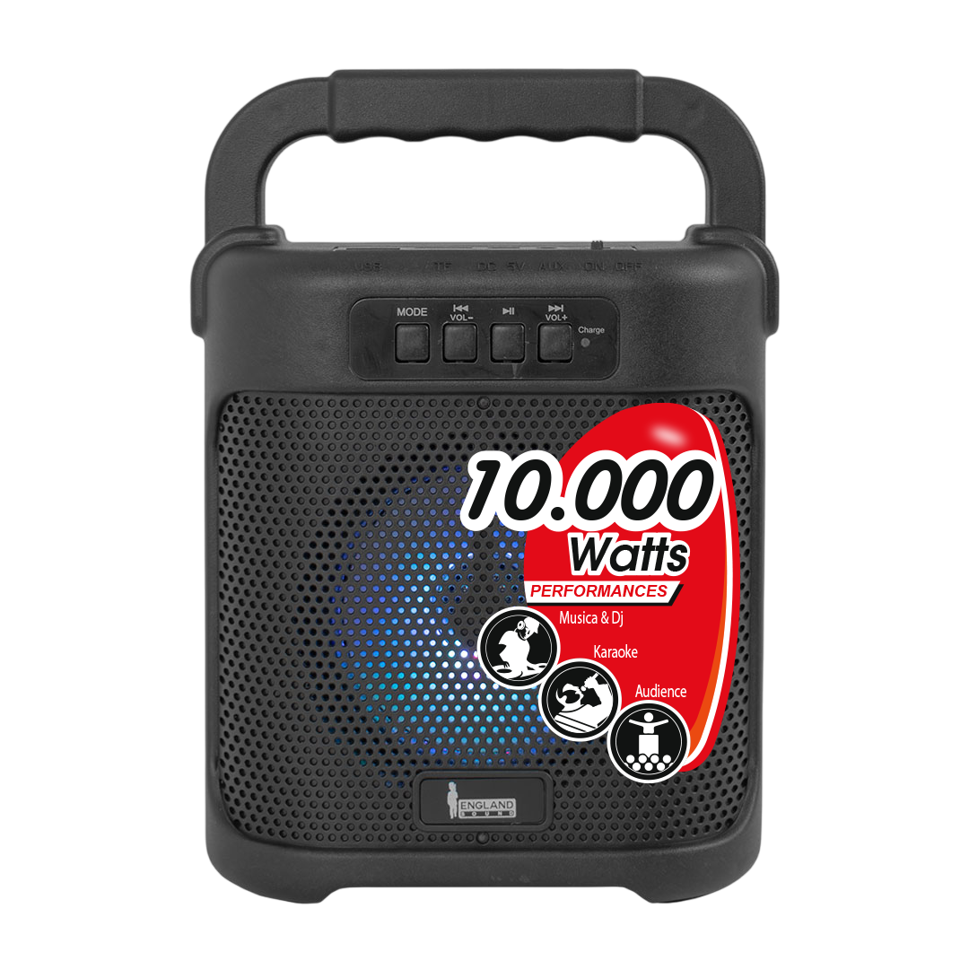 CAJA AMPLIFICADA CON BATERIA 4 PULG. CON BATERIA, REPRODUCTOR ANALOGICO DIGITAL, 10.000W PMOP, ENTRADA 3.5MM, LUZ LED RGB