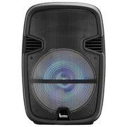 CAJA AMPLIFICADA CON BATERIA 15 PULG., 75.000W PMOP, REPRODUCTOR ANALOGICO DIGITAL, ENTRAJA JACK 1/4, 3.5MM, BASS & TREBLE, LUZ LED RGB, INCLUYE UN MICROFONO Y PEDESTAL