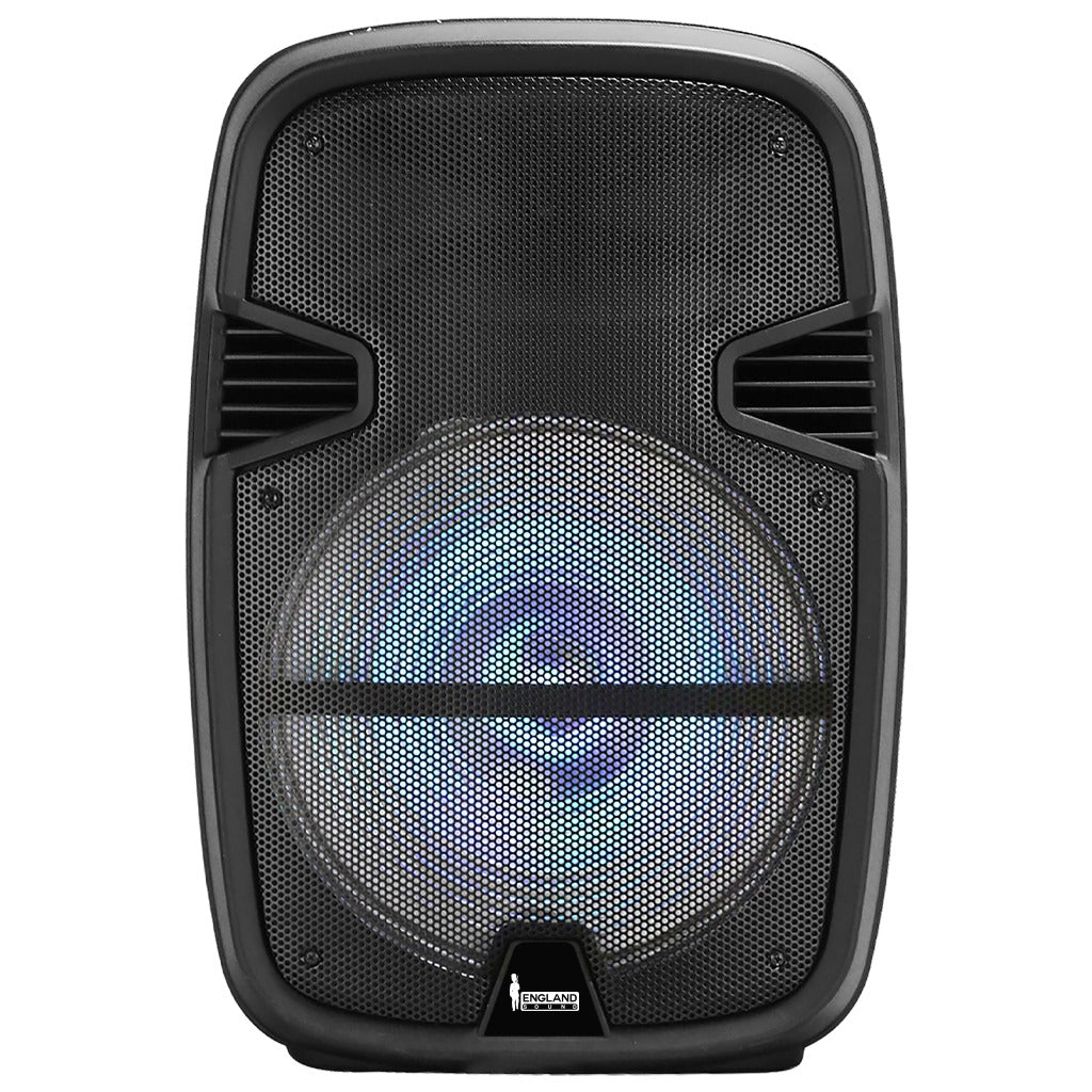 CAJA AMPLIFICADA CON BATERIA 15 PULG., 75.000W PMOP, REPRODUCTOR ANALOGICO DIGITAL, ENTRAJA JACK 1/4, 3.5MM, BASS & TREBLE, LUZ LED RGB, INCLUYE UN MICROFONO Y PEDESTAL