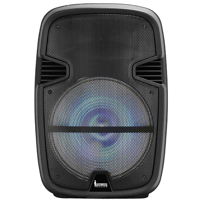 CAJA AMPLIFICADA CON BATERIA 15 PULG., 75.000W PMOP, REPRODUCTOR ANALOGICO DIGITAL, ENTRAJA JACK 1/4, 3.5MM, BASS & TREBLE, LUZ LED RGB, INCLUYE UN MICROFONO Y PEDESTAL