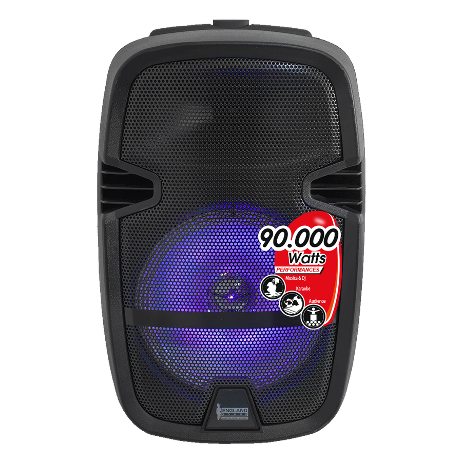CAJA AMPLIFICADA CON BATERIA 10 PULG., 90.000W PMOP, BT, USB, MICRO SD, INCLUYE UN MICROFONO VHF