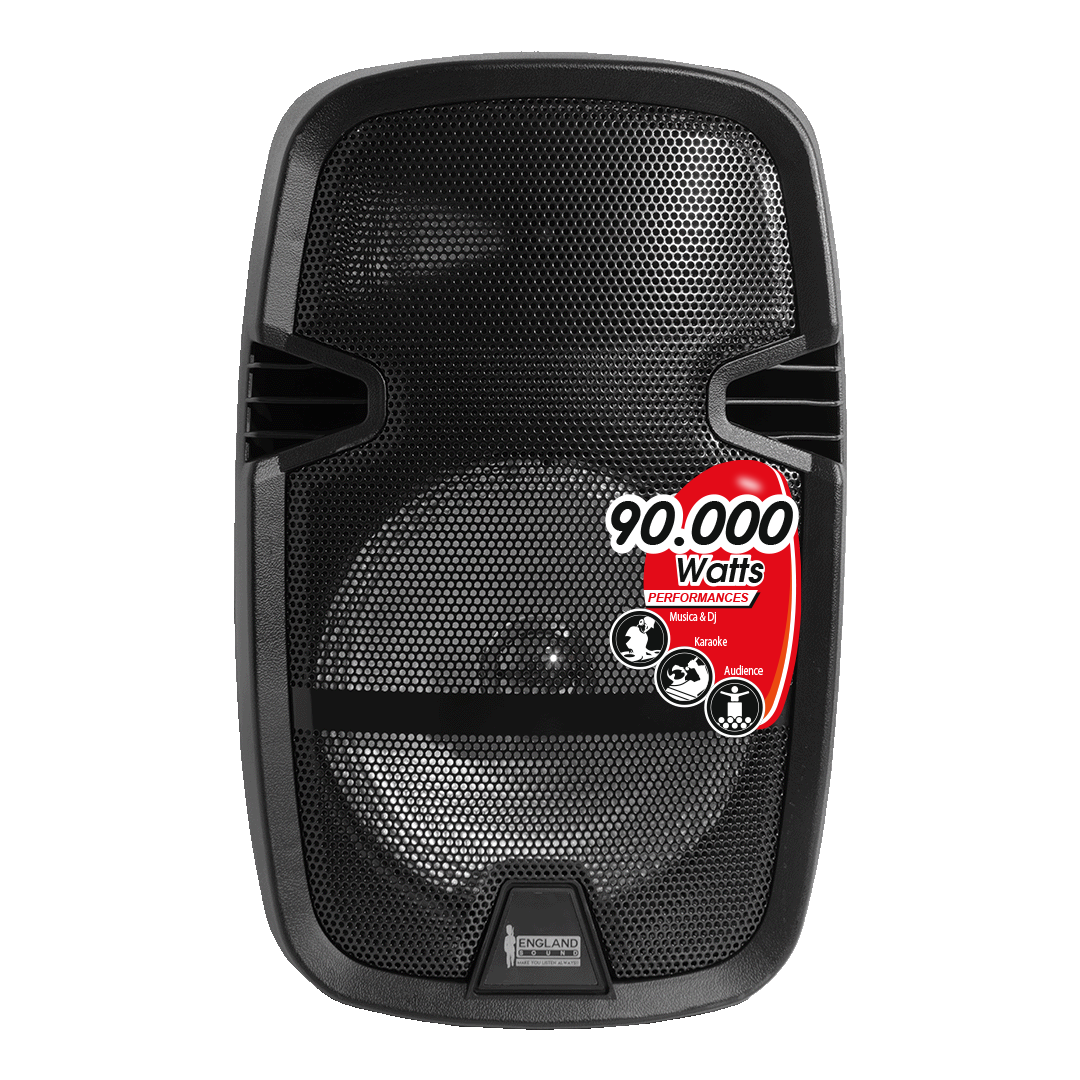 CAJA AMPLIFICADA CON BATERIA 10 PULG., 90.000W PMOP, BT, USB, MICRO SD, INCLUYE UN MICROFONO VHF