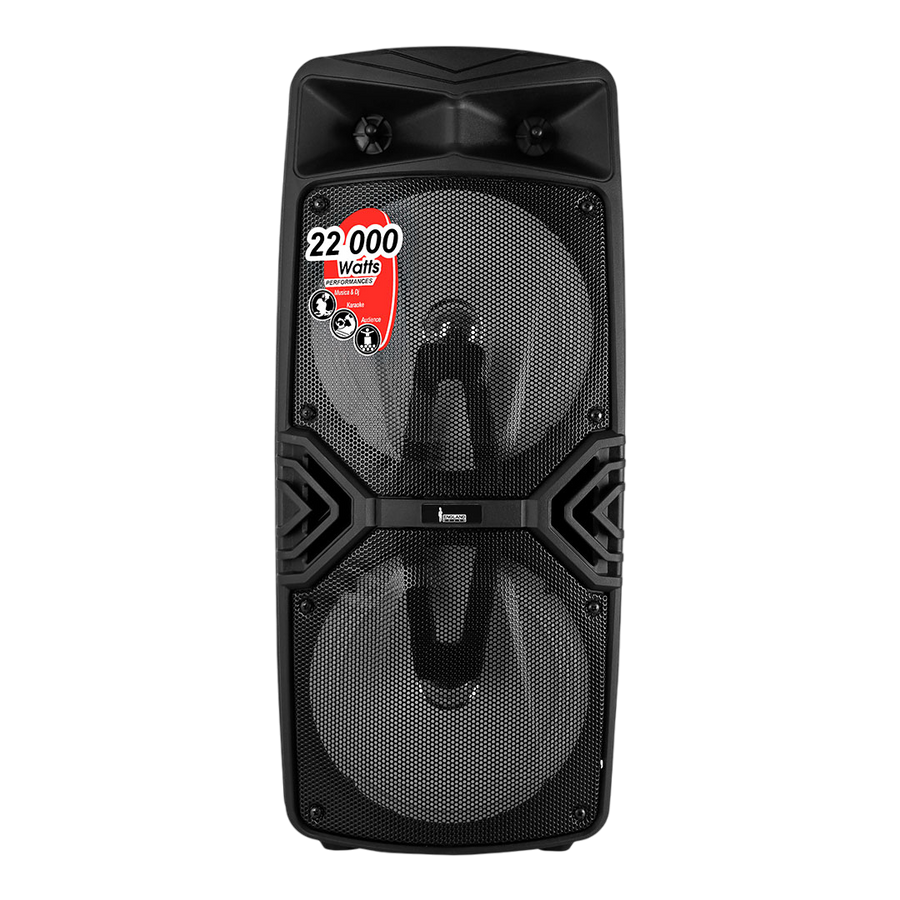 CAJA AMPLIFICADA CON BATERIA 2X8 PULG., 22.000W PMOP, REPRODUCTOR ANALOGICO DIGITAL, ENTRAJA JACK 1/4, 3.5MM, BASS & TREBLE, LUZ LED RGB, INCLUYE UN MICROFONO Y PEDESTAL