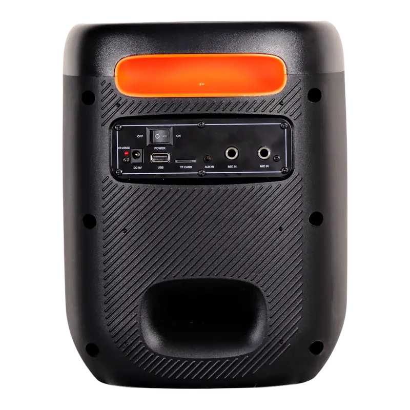 CAJA AMPL. CON BATERIA 6.5 PULG., REPRODUCTOR ANALOGICO DIGITAL, ENTRAJA JACK 1/4, 3.5MM, BASS & TREBLE, LUZ LED RGB, INCLUYE UN MICROFONO