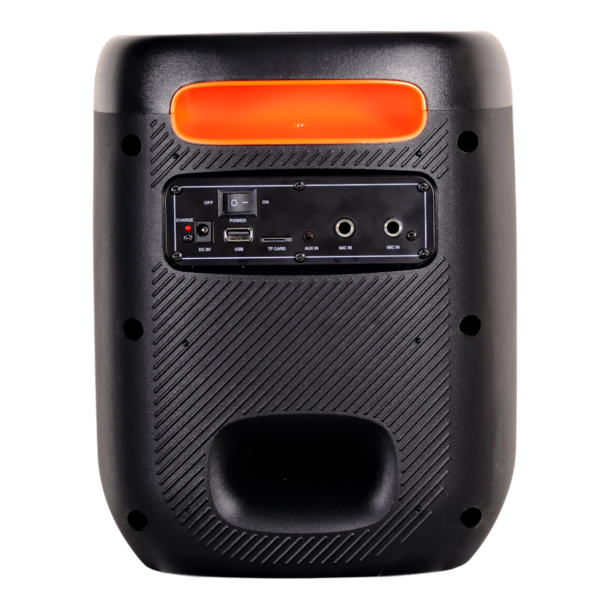 CAJA AMPL. CON BATERIA 6.5 PULG., REPRODUCTOR ANALOGICO DIGITAL, ENTRAJA JACK 1/4, 3.5MM, BASS & TREBLE, LUZ LED RGB, INCLUYE UN MICROFONO