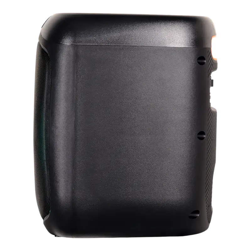CAJA AMPL. CON BATERIA 6.5 PULG., REPRODUCTOR ANALOGICO DIGITAL, ENTRAJA JACK 1/4, 3.5MM, BASS & TREBLE, LUZ LED RGB, INCLUYE UN MICROFONO