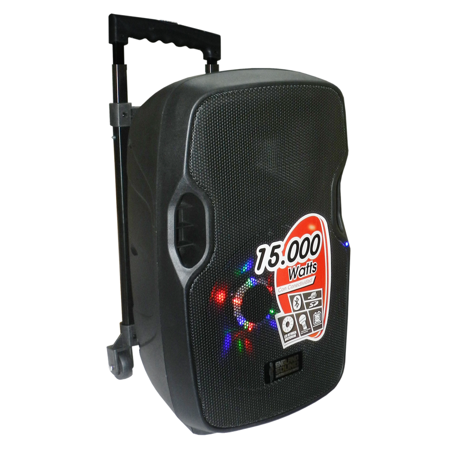 CAJA AMPLIFICADA CON BATERIA 10 PULG., 15.000W PMOP, BT, USB, SD, INCLUYE UN MICROFONO