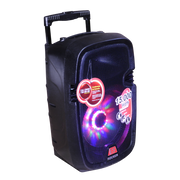 CAJA AMPLIFICADA CON BATERIA 10 PULG., 100.000W PMOP, ENTRAJA JACK 1/4, 3.5MM, EFECTO ECO, BASS TREBLE, LUZ LED RGB, INCLUYE UN MICROFONO VHF