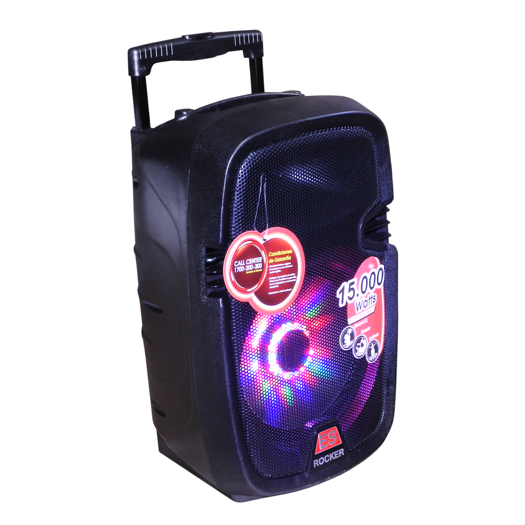 CAJA AMPLIFICADA CON BATERIA 10 PULG., 100.000W PMOP, ENTRAJA JACK 1/4, 3.5MM, EFECTO ECO, BASS TREBLE, LUZ LED RGB, INCLUYE UN MICROFONO VHF