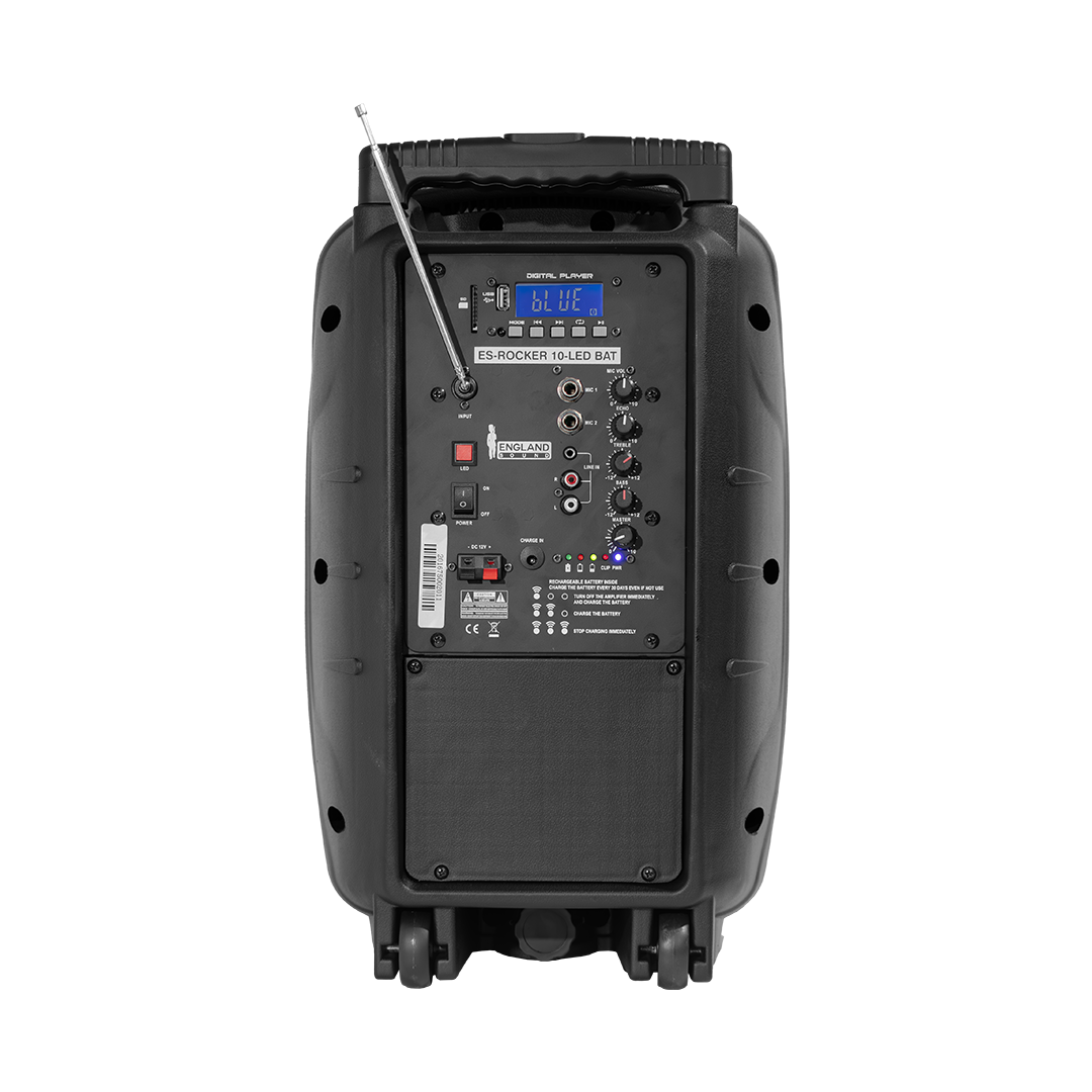 CAJA AMPLIFICADA CON BATERIA 10 PULG., 100.000W PMOP, ENTRAJA JACK 1/4, 3.5MM, EFECTO ECO, BASS TREBLE, LUZ LED RGB, INCLUYE UN MICROFONO VHF