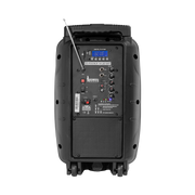 CAJA AMPLIFICADA CON BATERIA 10 PULG., 100.000W PMOP, ENTRAJA JACK 1/4, 3.5MM, EFECTO ECO, BASS TREBLE, LUZ LED RGB, INCLUYE UN MICROFONO VHF