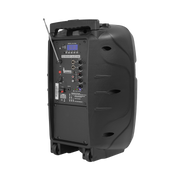 CAJA AMPLIFICADA CON BATERIA 10 PULG., 100.000W PMOP, ENTRAJA JACK 1/4, 3.5MM, EFECTO ECO, BASS TREBLE, LUZ LED RGB, INCLUYE UN MICROFONO VHF