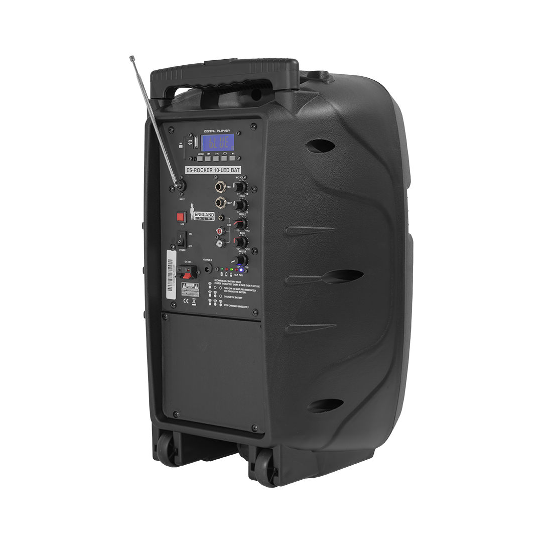 CAJA AMPLIFICADA CON BATERIA 10 PULG., 100.000W PMOP, ENTRAJA JACK 1/4, 3.5MM, EFECTO ECO, BASS TREBLE, LUZ LED RGB, INCLUYE UN MICROFONO VHF