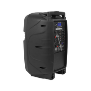 CAJA AMPLIFICADA CON BATERIA 10 PULG., 100.000W PMOP, ENTRAJA JACK 1/4, 3.5MM, EFECTO ECO, BASS TREBLE, LUZ LED RGB, INCLUYE UN MICROFONO VHF