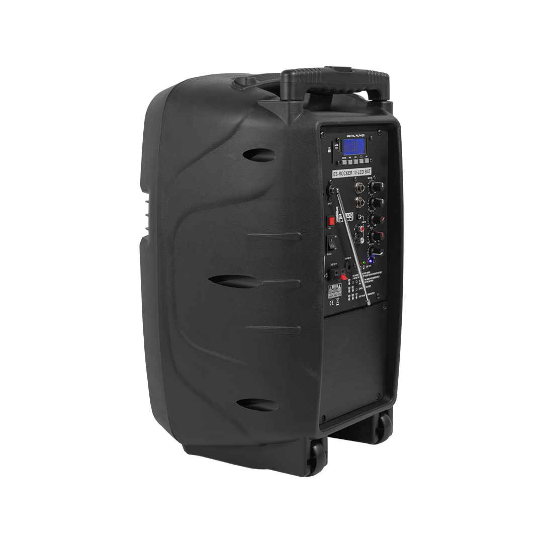 CAJA AMPLIFICADA CON BATERIA 10 PULG., 100.000W PMOP, ENTRAJA JACK 1/4, 3.5MM, EFECTO ECO, BASS TREBLE, LUZ LED RGB, INCLUYE UN MICROFONO VHF