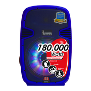 CAJA AMPLIFICADA 15 PULG. COLOR AZUL, 180.000W PMOP,  1 MIC 1/4 Y XLR, BASS & TREBLE, ENTRADA  XLR, RCA, SALIDA XLRS Y SPEAKON INCLUYE MICROFONO Y PEDESTAL