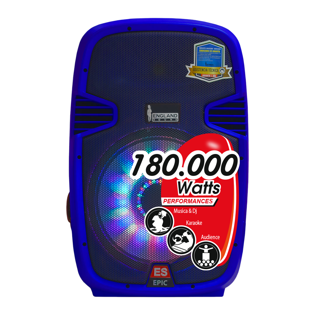 CAJA AMPLIFICADA 15 PULG. COLOR AZUL, 180.000W PMOP,  1 MIC 1/4 Y XLR, BASS & TREBLE, ENTRADA  XLR, RCA, SALIDA XLRS Y SPEAKON INCLUYE MICROFONO Y PEDESTAL