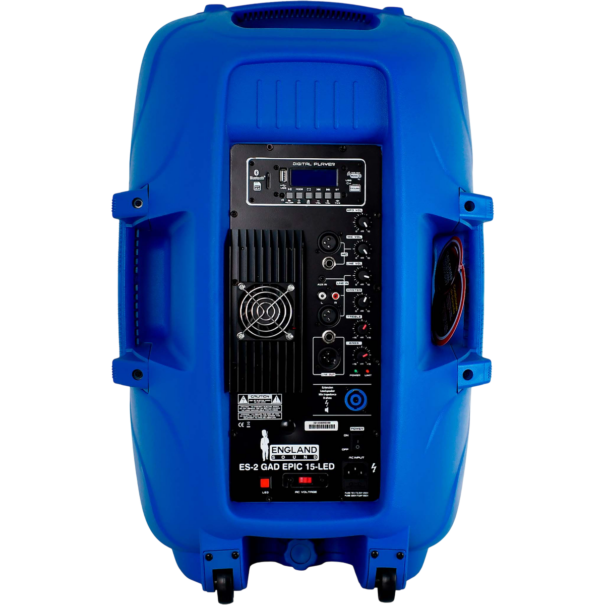CAJA AMPLIFICADA 15 PULG. COLOR AZUL, 180.000W PMOP,  1 MIC 1/4 Y XLR, BASS & TREBLE, ENTRADA  XLR, RCA, SALIDA XLRS Y SPEAKON INCLUYE MICROFONO Y PEDESTAL