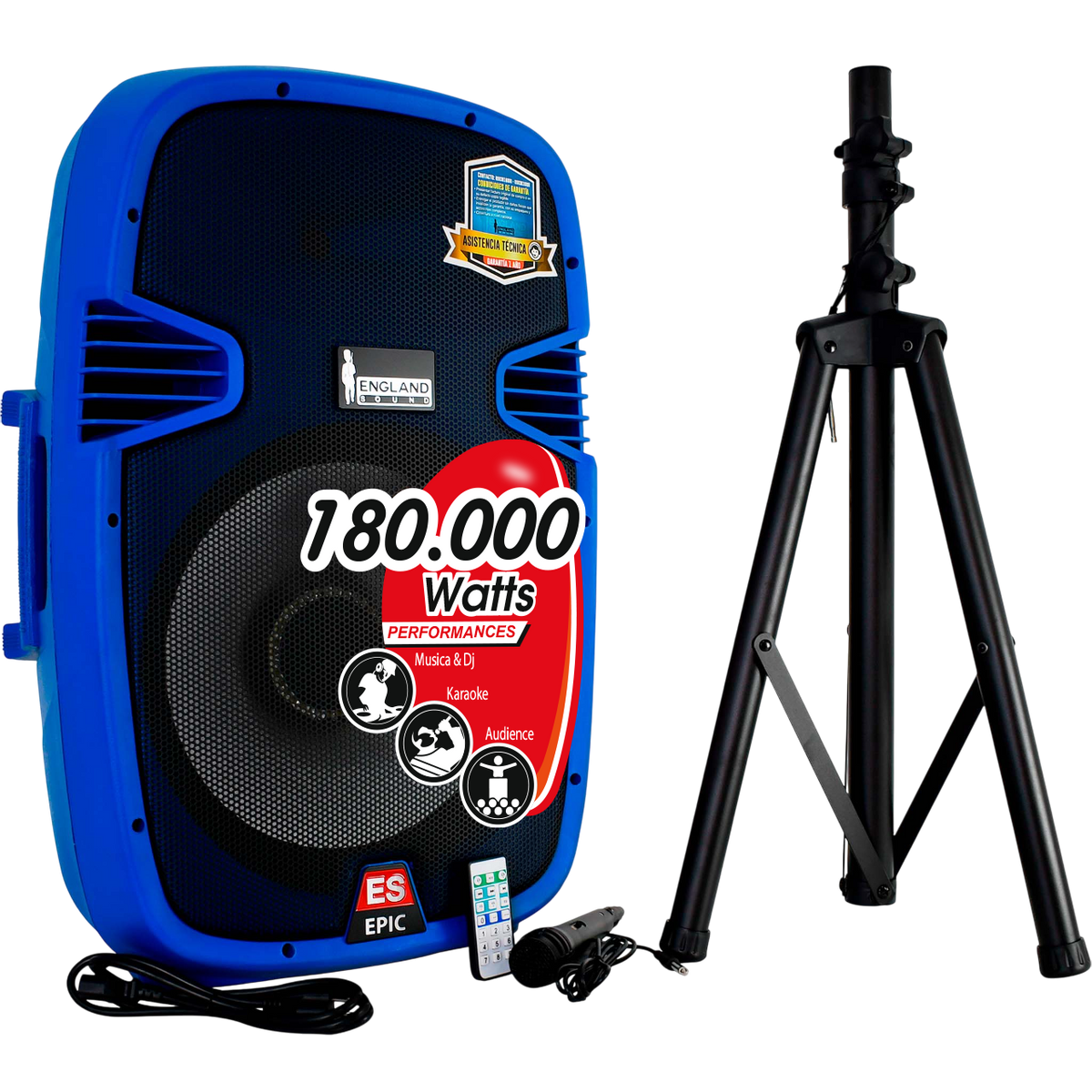 CAJA AMPLIFICADA 15 PULG. COLOR AZUL, 180.000W PMOP,  1 MIC 1/4 Y XLR, BASS & TREBLE, ENTRADA  XLR, RCA, SALIDA XLRS Y SPEAKON INCLUYE MICROFONO Y PEDESTAL