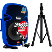 CAJA AMPLIFICADA 15 PULG. COLOR AZUL, 180.000W PMOP,  1 MIC 1/4 Y XLR, BASS & TREBLE, ENTRADA  XLR, RCA, SALIDA XLRS Y SPEAKON INCLUYE MICROFONO Y PEDESTAL