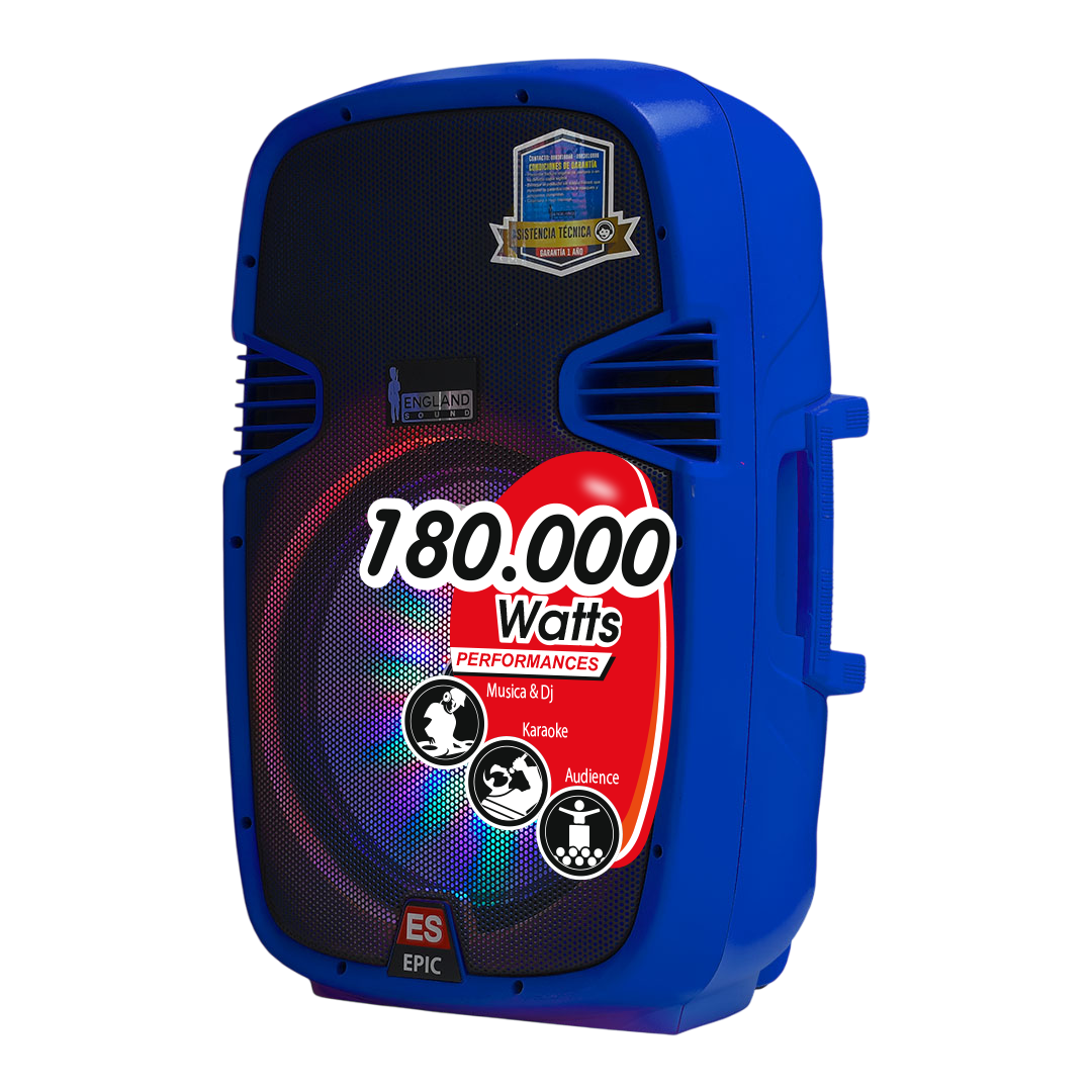 CAJA AMPLIFICADA 15 PULG. COLOR AZUL, 180.000W PMOP,  1 MIC 1/4 Y XLR, BASS & TREBLE, ENTRADA  XLR, RCA, SALIDA XLRS Y SPEAKON INCLUYE MICROFONO Y PEDESTAL