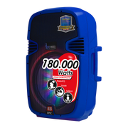 CAJA AMPLIFICADA 15 PULG. COLOR AZUL, 180.000W PMOP,  1 MIC 1/4 Y XLR, BASS & TREBLE, ENTRADA  XLR, RCA, SALIDA XLRS Y SPEAKON INCLUYE MICROFONO Y PEDESTAL
