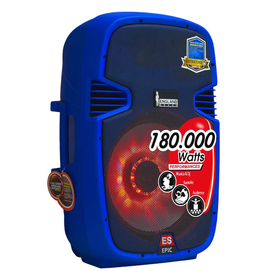 CAJA AMPLIFICADA 15 PULG. COLOR AZUL, 180.000W PMOP,  1 MIC 1/4 Y XLR, BASS & TREBLE, ENTRADA  XLR, RCA, SALIDA XLRS Y SPEAKON INCLUYE MICROFONO Y PEDESTAL