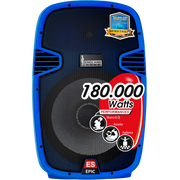 CAJA AMPLIFICADA 15 PULG. COLOR AZUL, 180.000W PMOP,  1 MIC 1/4 Y XLR, BASS & TREBLE, ENTRADA  XLR, RCA, SALIDA XLRS Y SPEAKON INCLUYE MICROFONO Y PEDESTAL