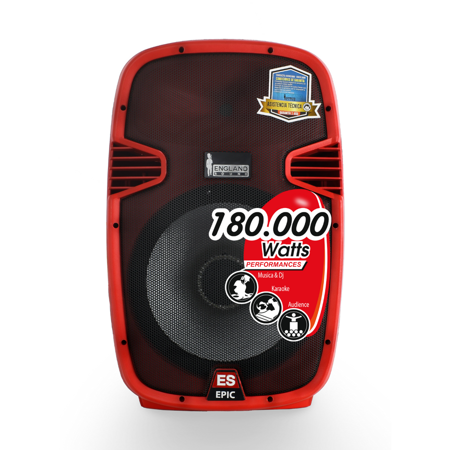 CAJA AMPLIFICADA 15 PULG. COLOR ROJO, 180.000W PMOP,  1 MIC 1/4 Y XLR, BASS & TREBLE, ENTRADA  XLR, RCA, SALIDA XLRS Y SPEAKON INCLUYE MICROFONO Y PEDESTAL