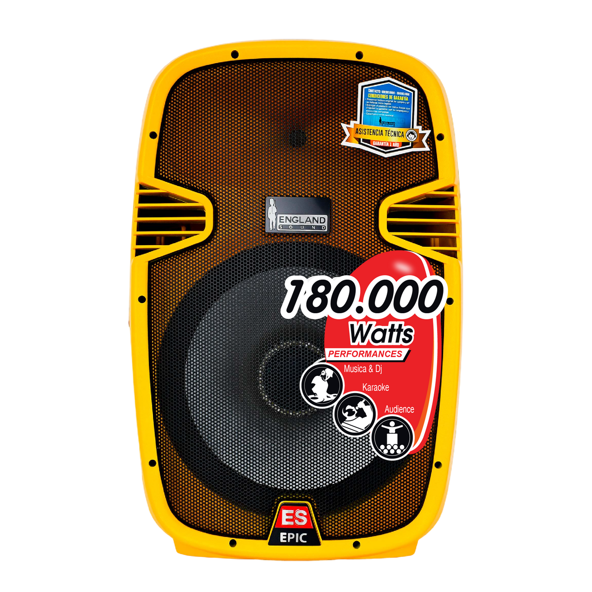 CAJA AMPLIFICADA 15 PULG. COLOR AMARILLO, 180.000W PMOP,  1 MIC 1/4 Y XLR, BASS & TREBLE, ENTRADA  XLR, RCA, SALIDA XLRS Y SPEAKON INCLUYE MICROFONO Y PEDESTAL