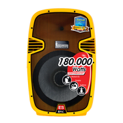 CAJA AMPLIFICADA 15 PULG. COLOR AMARILLO, 180.000W PMOP,  1 MIC 1/4 Y XLR, BASS & TREBLE, ENTRADA  XLR, RCA, SALIDA XLRS Y SPEAKON INCLUYE MICROFONO Y PEDESTAL