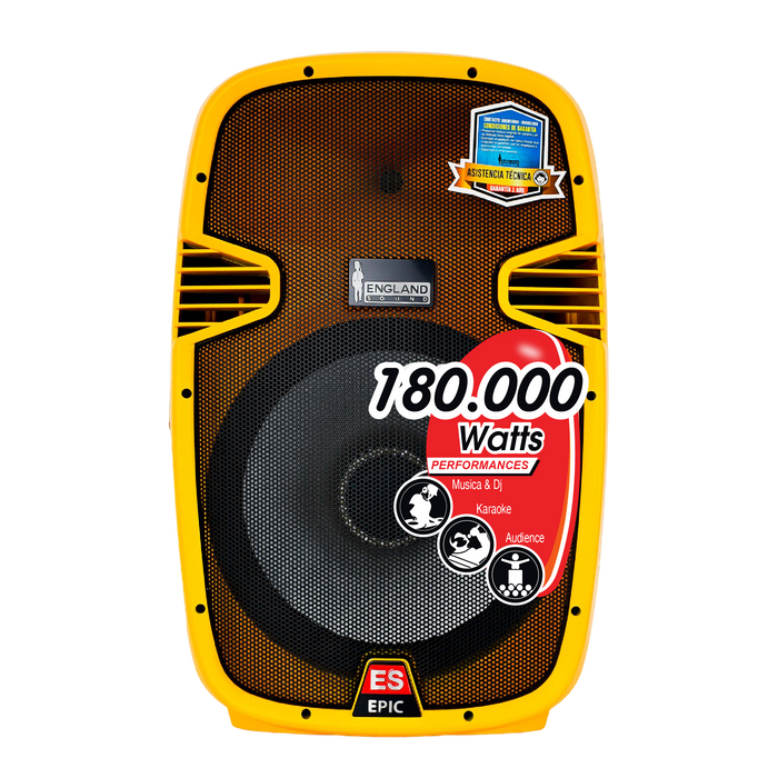CAJA AMPLIFICADA 15 PULG. COLOR AMARILLO, 180.000W PMOP,  1 MIC 1/4 Y XLR, BASS & TREBLE, ENTRADA  XLR, RCA, SALIDA XLRS Y SPEAKON INCLUYE MICROFONO Y PEDESTAL