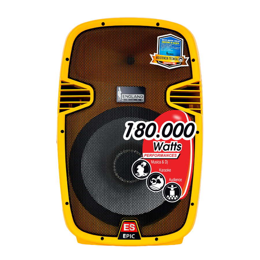 CAJA AMPLIFICADA 15 PULG. COLOR AMARILLO, 180.000W PMOP,  1 MIC 1/4 Y XLR, BASS & TREBLE, ENTRADA  XLR, RCA, SALIDA XLRS Y SPEAKON INCLUYE MICROFONO Y PEDESTAL