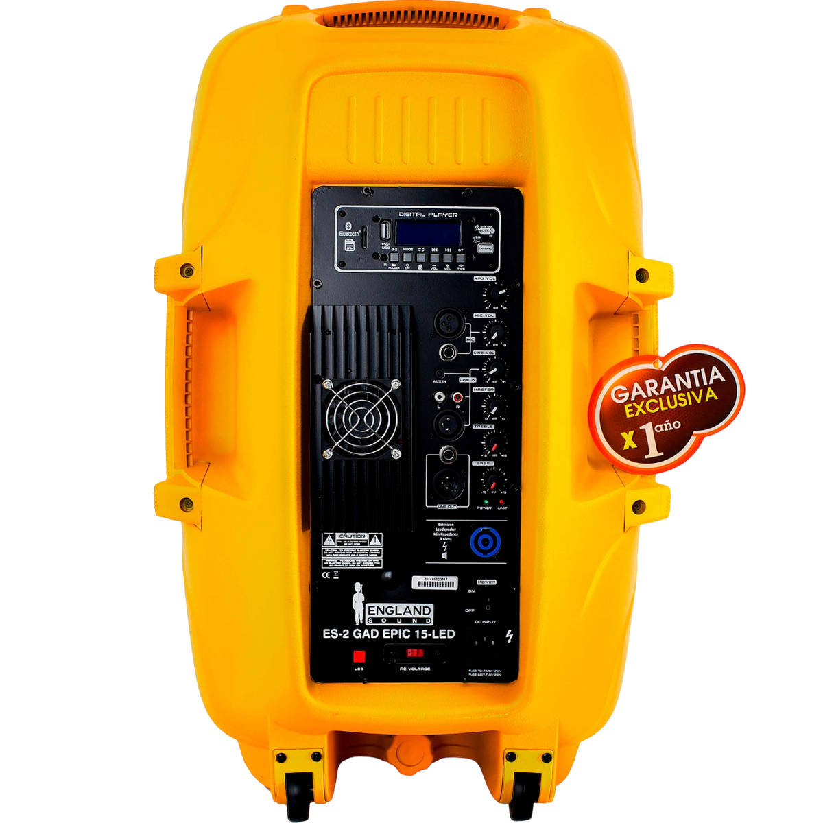 CAJA AMPLIFICADA 15 PULG. COLOR AMARILLO, 180.000W PMOP,  1 MIC 1/4 Y XLR, BASS & TREBLE, ENTRADA  XLR, RCA, SALIDA XLRS Y SPEAKON INCLUYE MICROFONO Y PEDESTAL